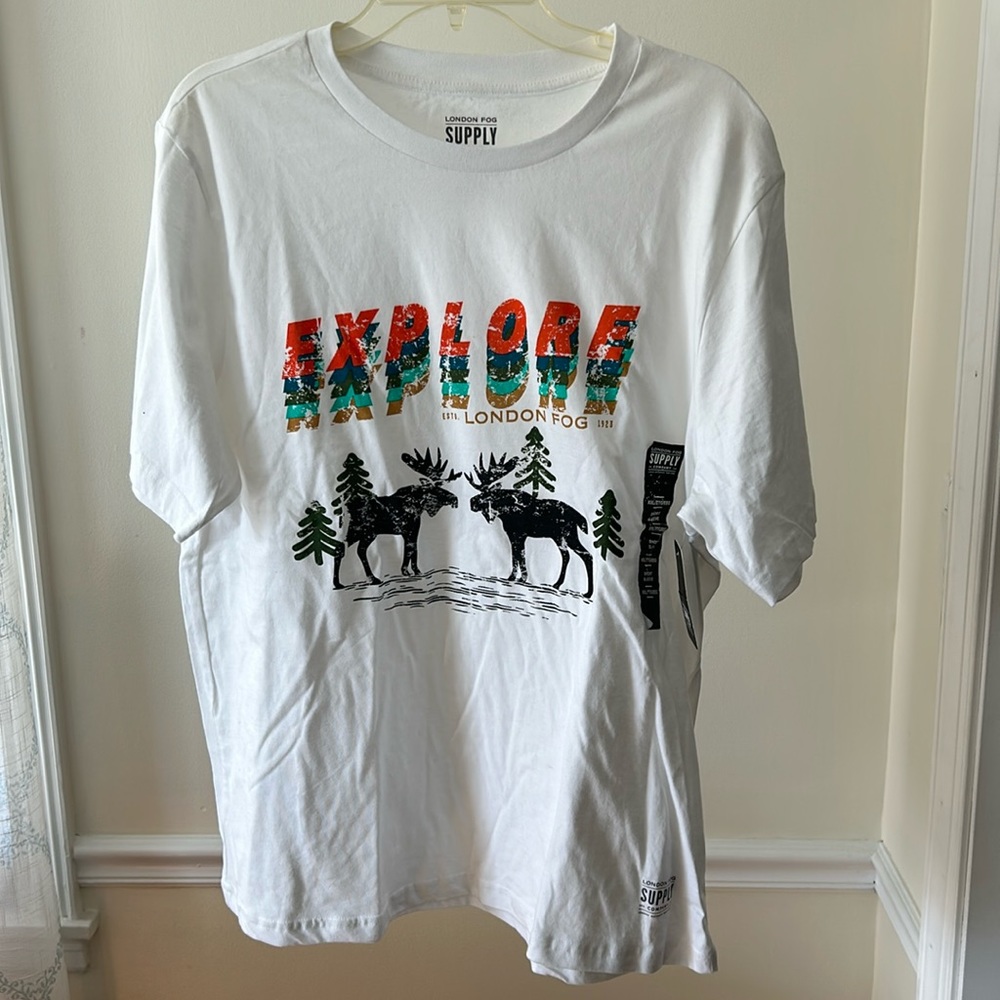 London Fog Supply Co White short sleeve T-Shirt says “Explore”. Size XXL. NWT.